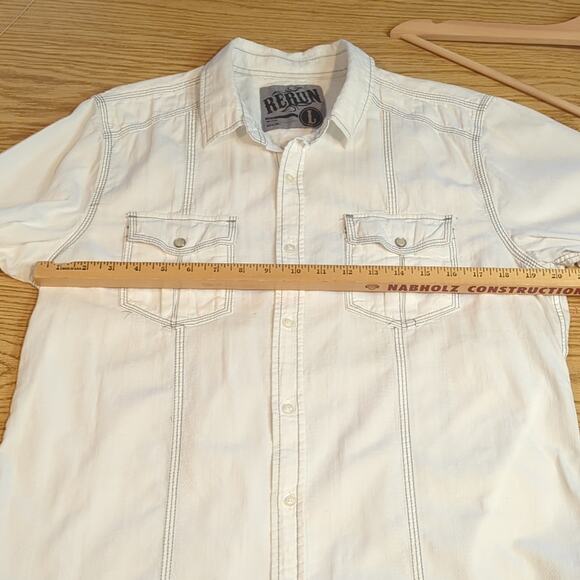 Rerun Mens White Button Front Shirt Roll Tab Sleeves Pearl Snap Large Western - Picture 6 of 8